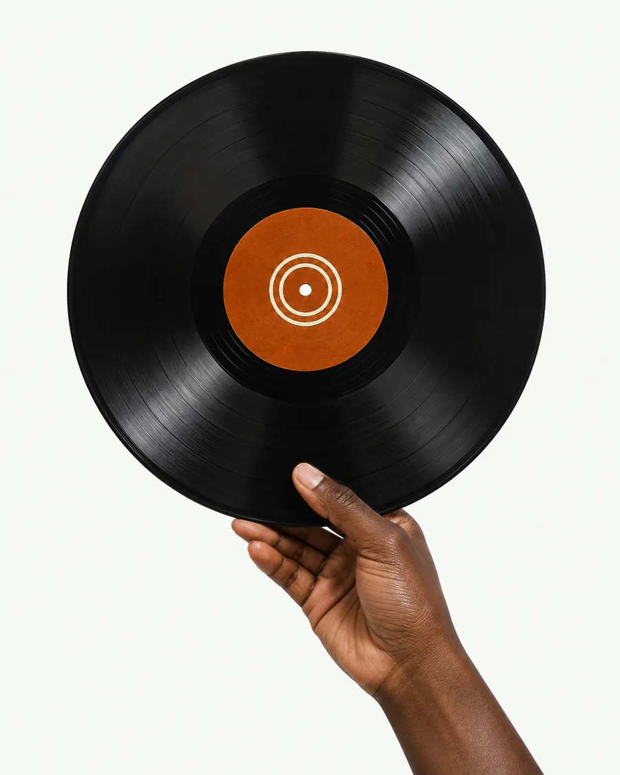 A hand holding a vinyl record with an orange centre label